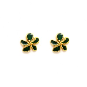 Brinco Flor Cinco Pétalas Pequena Esmaltado em Verde e Dourado