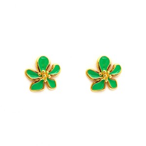 Brinco Flor Cinco Pétalas Pequena Esmaltado em Verde Claro e Dourado
