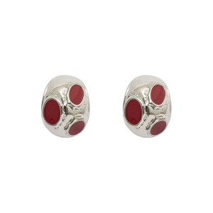 Brinco Argola Oval com Detalhes Esmaltado Vermelho e Prateado