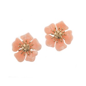 Brinco Flor Resina Rosa com Miolo Dourado