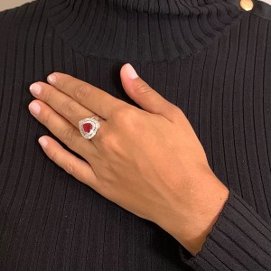 Anel Coração Vermelho e Zircônia Branco Cristal Banhado a Ródio Branco